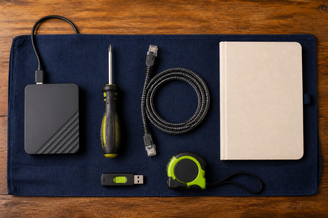 Notizbuch, Kabel und Werkzeug für eine PC-Diagnose